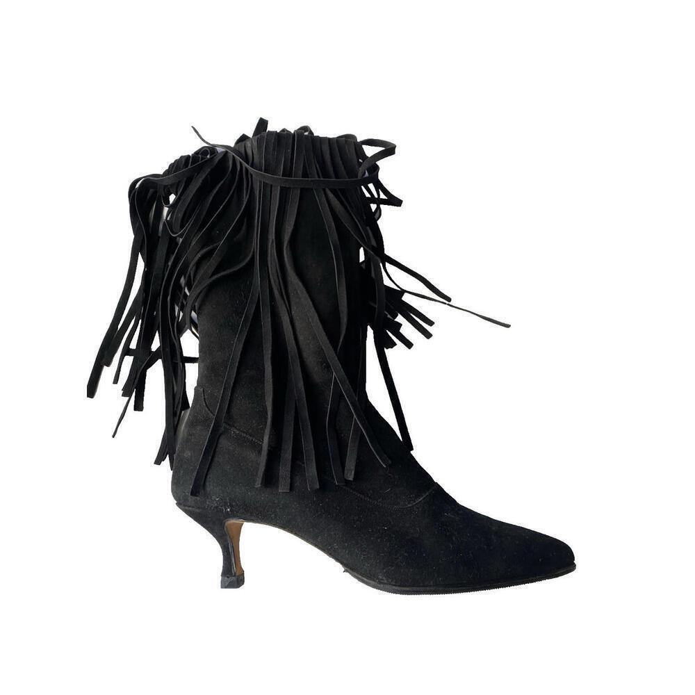 Vintage MANOLO BLAHNIK 37.5/ 7 Suede Fringe Tassel Mid Calf Boots Heels Bohemian